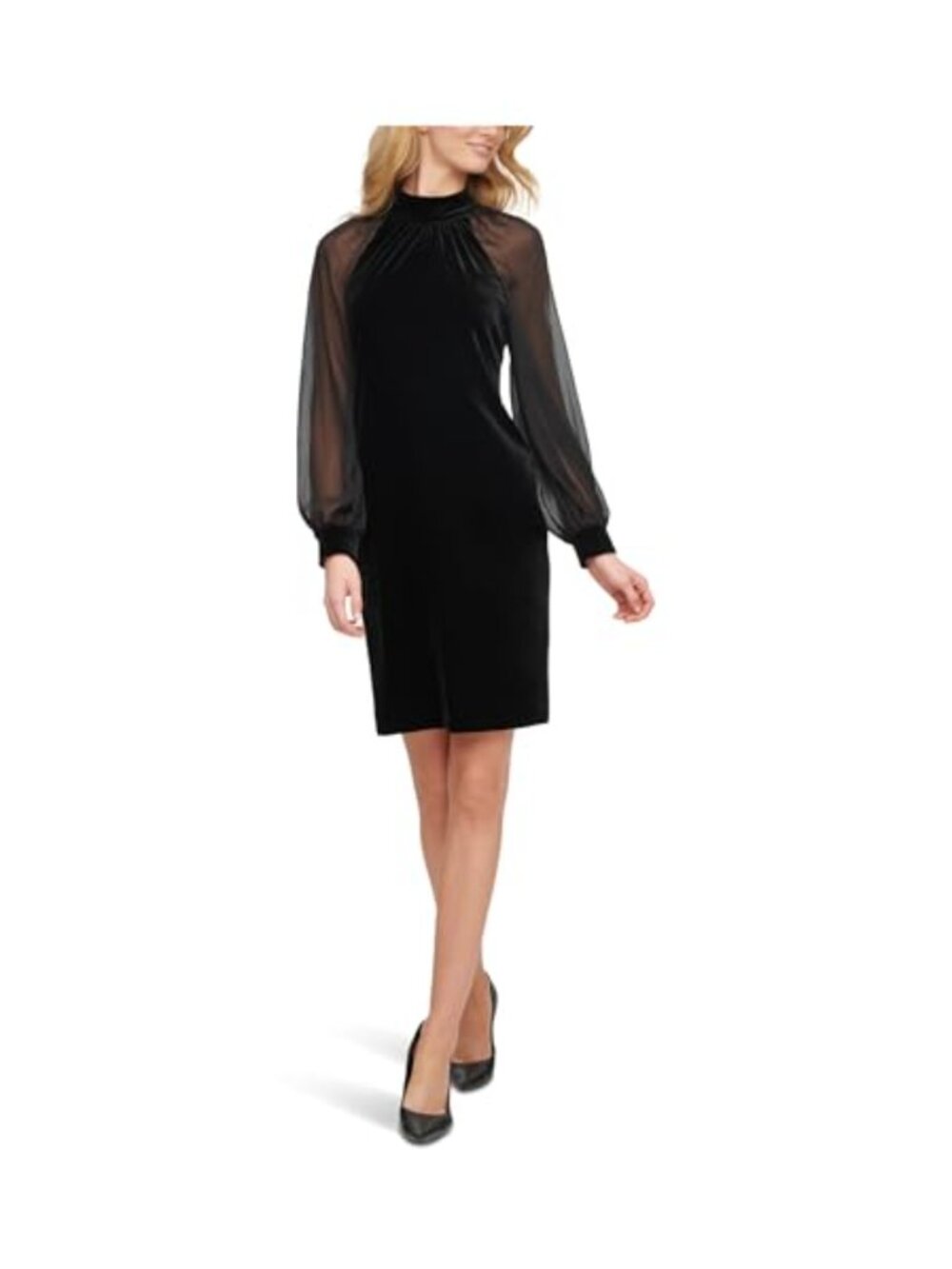 Velvet Sheath Dress with Illusion Sleeves Knee-Length High Neck
